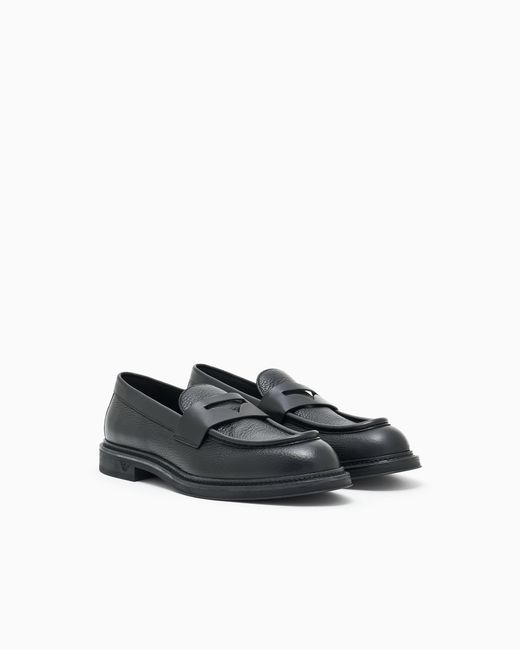 Emporio Armani Black Pebbled Leather Loafers for men