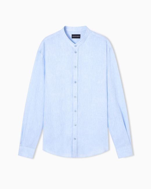 Emporio Armani Blue Pure Linen Shirt With Guru Collar for men
