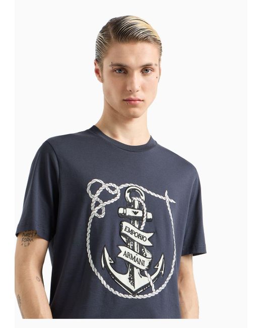 Emporio Armani Blue Jersey T-shirt With Anchor Embroidery And Asv Logo for men