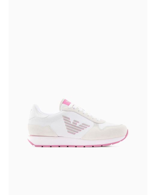 Emporio Armani Pink Suede And Nylon Sneakers With Oversized Eagle