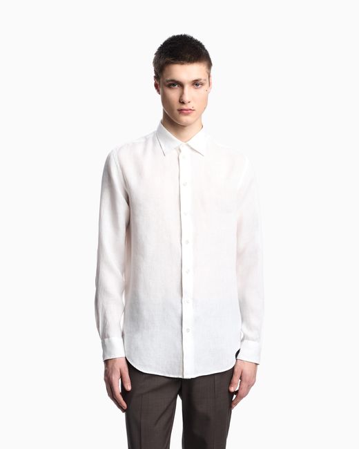 Emporio Armani White Garment-Dyed Linen Shirt With French Collar for men