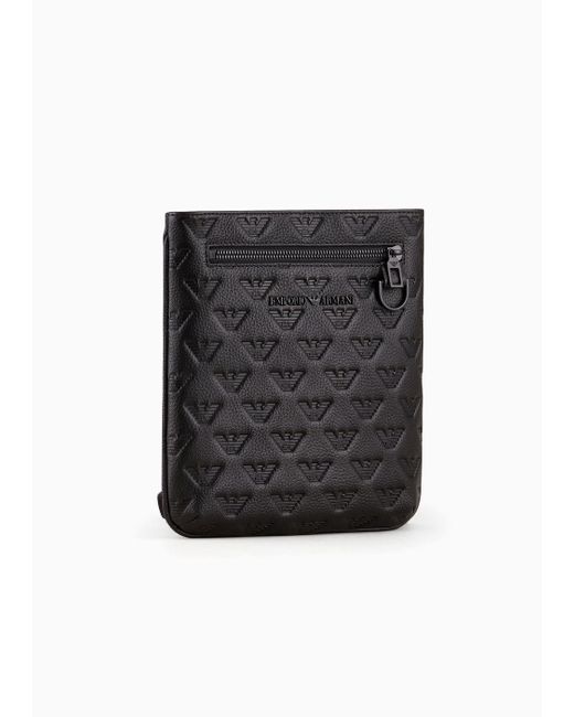 Emporio Armani Black Flat Leather Shoulder Bag With All-over Embossed Eagle for men