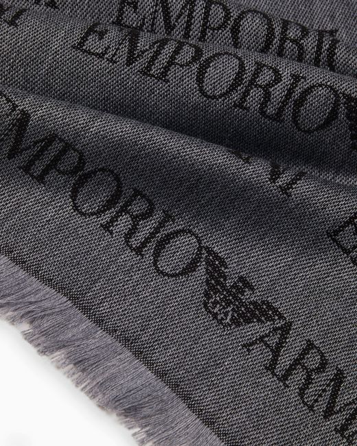 Emporio Armani Gray Virgin-Wool Blend Scarf With Jacquard Logo Lettering And Fringes for men
