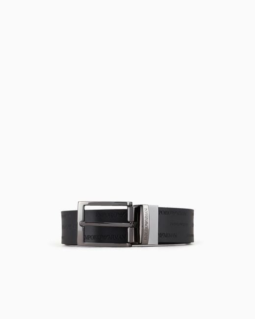 Emporio Armani White Reversible Leather Belt With All-Over Embossed Lettering for men