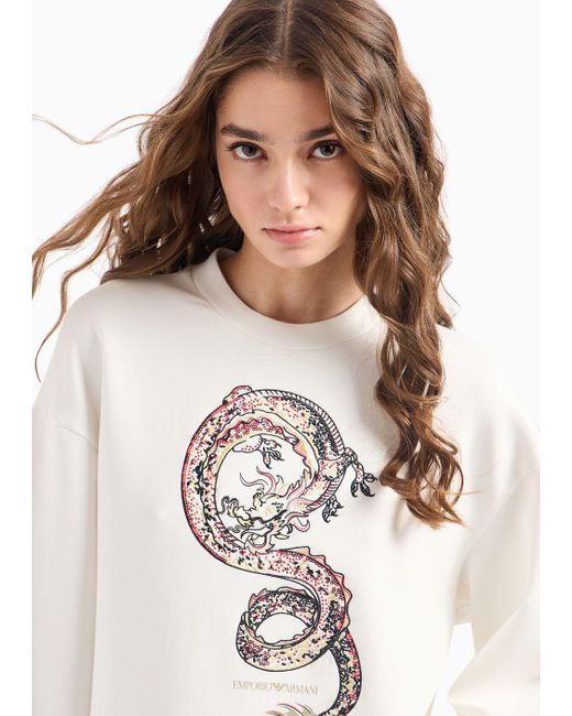 Emporio Armani White Sweatshirt With Oversized Dragon Embroidery