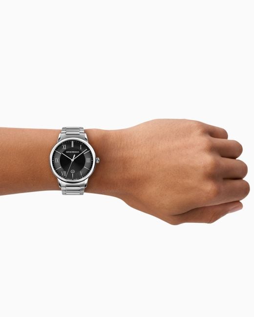 Emporio Armani Black Swiss Made Three-Hand Date Stainless Steel Watch for men