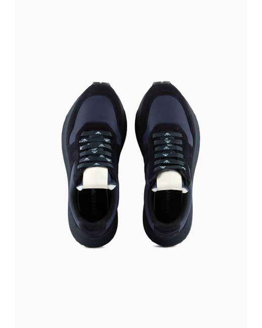 Emporio Armani Blue Asv Capsule Suede And Recycled Nylon Sneakers