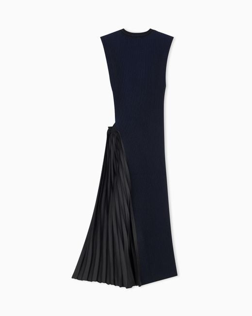 Emporio Armani Blue Long Viscose Dress With Pleated Side Insert And Drawstring