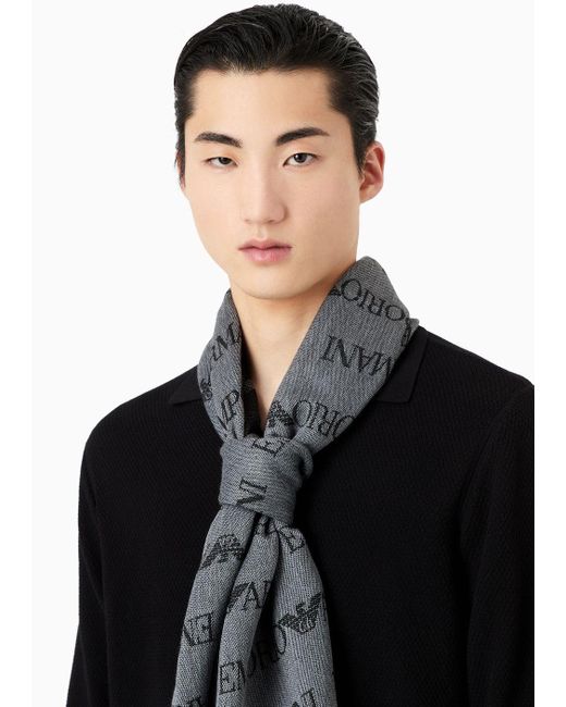 Emporio Armani Gray Virgin-wool Blend Scarf With Jacquard Logo Lettering And Fringes for men
