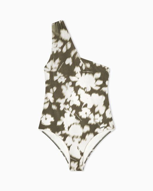 Emporio Armani Metallic One-Shoulder Floral Print One-Piece Swimsuit