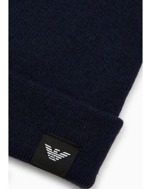 Emporio Armani Blue Rib-knit Wool-blend Beanie for men