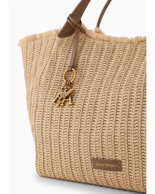 Emporio Armani Natural Oversized Woven Straw Shopper Bag With Logo Charm