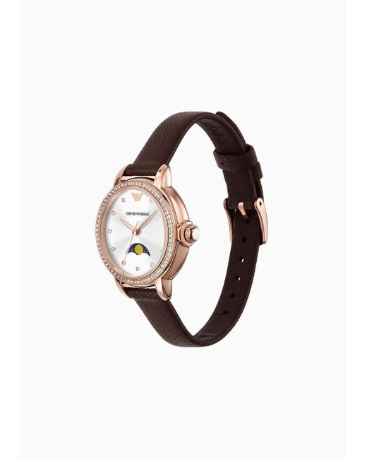 Emporio Armani White Three-hand Moonphase Brown Leather Watch