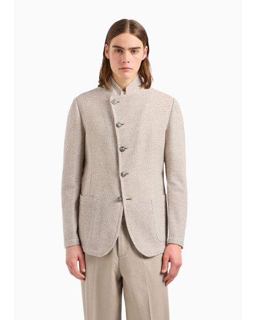 Emporio Armani Gray Guru-collar Jacket In A Knit-effect Linen-blend Jersey for men