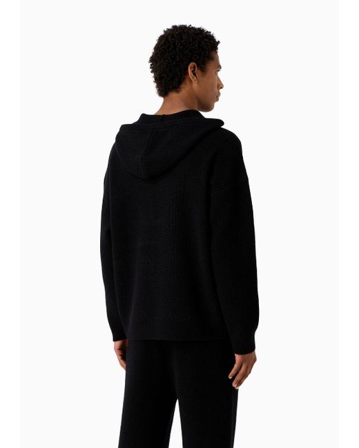 Emporio Armani Black Mon Amour Hooded Sweater In Virgin Wool With Half Fisherman's Rib for men