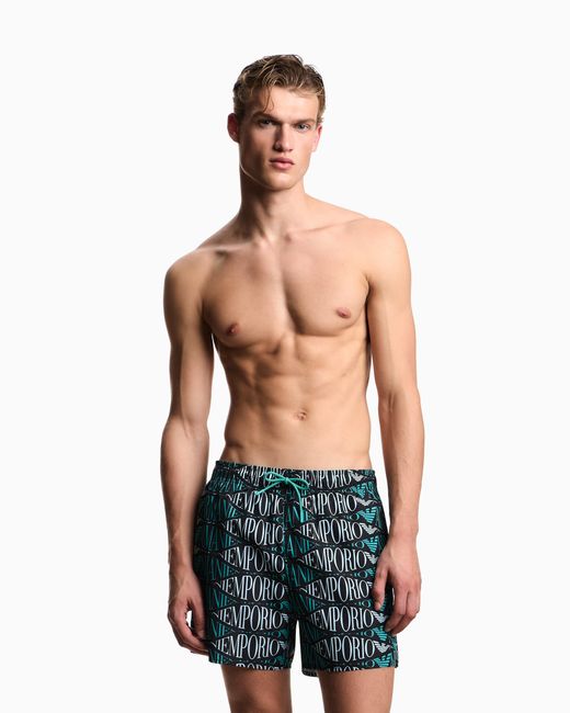 Emporio Armani Blue Swim Shorts With All-Over Logo for men