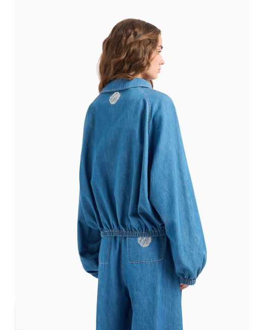 Emporio Armani Blue Bluse Mit Stehkragen, Außermittigem Reißverschluss Und Elastischem Saum Aus Leichtem Denim