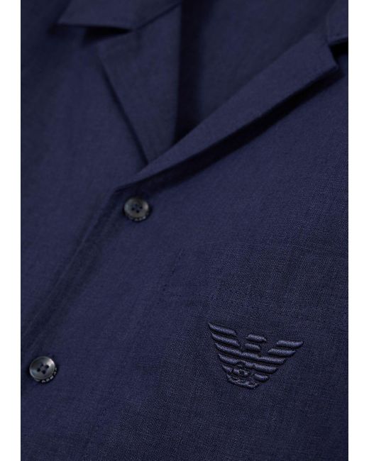 Emporio Armani Blue Short-sleeved, Linen-blend Beachwear Shirt for men