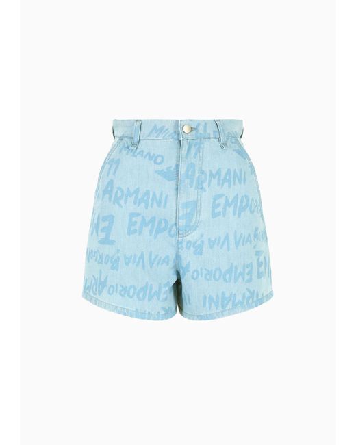 Emporio Armani Blue Shorts Aus Leichtem Denim Mit Allover-schriftzug-print