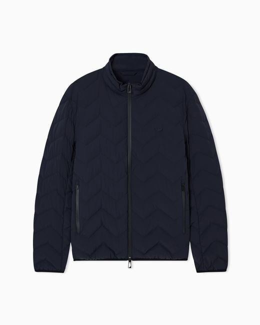 Emporio Armani Blue Nylon Down Jacket With Zip And Chevron Quilting Essential for men