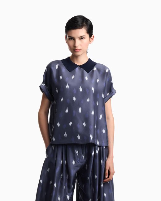 Emporio Armani Blue Silk Shantung Top With Carpet Print