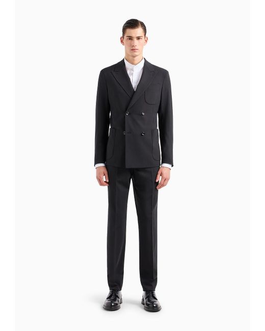 Emporio Armani Blue Double-breasted Virgin-wool Two-way Stretch Canvas Suit for men