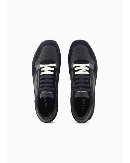 Emporio Armani Black Mesh Sneakers With Suede Details And Eagle Patch for men