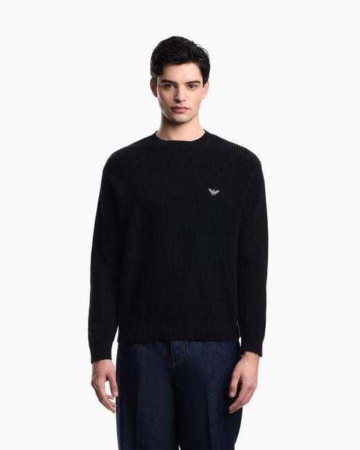 Emporio Armani Blue Half Fisherman's Rib Knit Jumper for men
