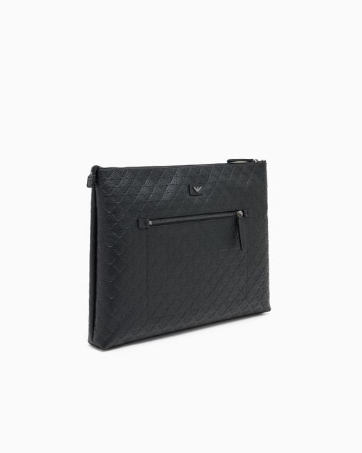Emporio Armani Black Leather Document Holder With All-Over Embossed Eagle for men
