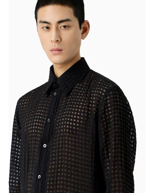 Emporio Armani Black Shirt In A Semi-transparent Viscose Blend With A Check Motif for men