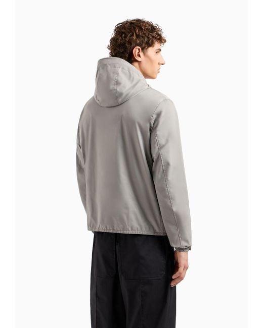 Emporio Armani Gray Hooded, Water-repellent Nylon Blouson With Logo Patch for men