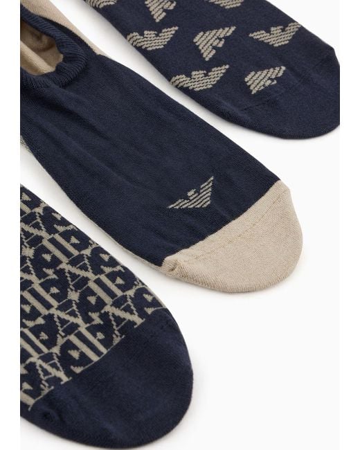 Emporio Armani Blue Three-pack Of Trainer Socks With Jacquard Gifting Logo for men