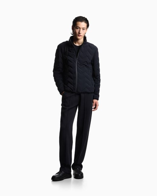 Emporio Armani Blue Nylon Down Jacket With Zip And Chevron Quilting Essential for men
