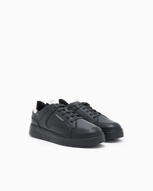 Emporio Armani Black Leather Sneaker With Tumbled Finish And Padded Collar for men