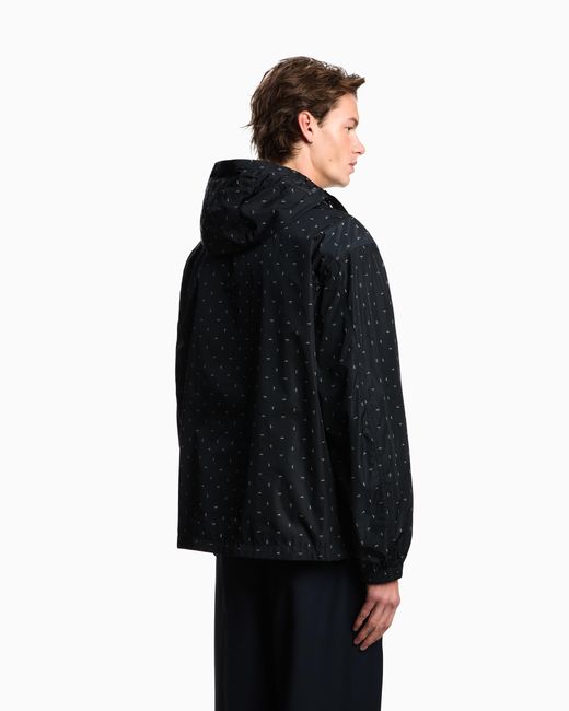 Emporio Armani Blue Nylon Hooded Blouson With All-Over Micro-Eagle Graphic Design for men