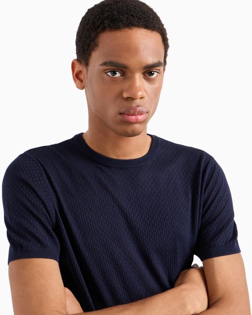 Emporio Armani Blue Silk Sweater With Patterned Weave for men