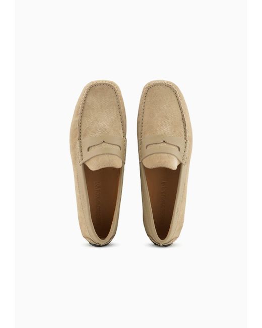 Emporio Armani White Micro-perforated Suede Driving Loafers for men