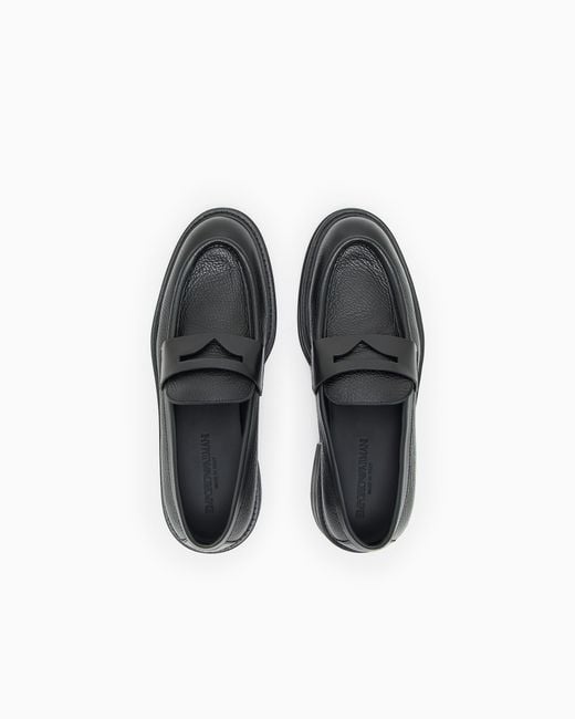 Emporio Armani Black Pebbled Leather Loafers for men