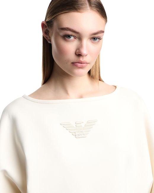 Emporio Armani White Double Jersey Cropped Sweatshirt With Eagle Embroidery
