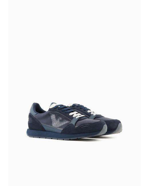Emporio Armani Blue Mesh Sneakers With Suede Details And Eagle Patch for men