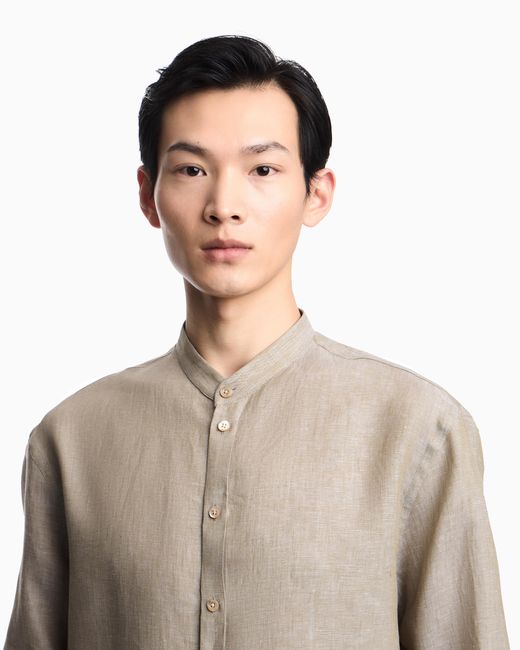 Emporio Armani White Pure Linen Shirt With Guru Collar for men
