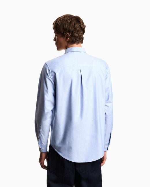 Emporio Armani Blue Eagle Club Cotton Oxford Shirt With Embroidery for men