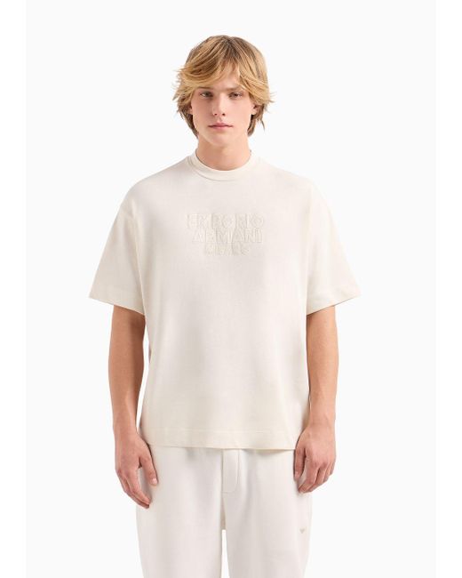 Camiseta Ancha De Punto Grueso Con Logotipo Bordado Emporio Armani de hombre de color White