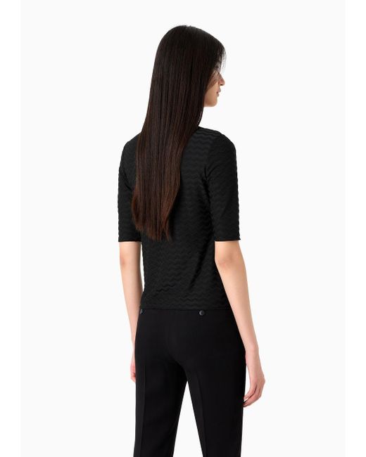 Emporio Armani Black Two-way Stretch Jacquard Jersey V-neck Jumper With Three-quarter Length Sleeves