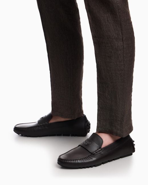 Emporio Armani White Saffiano Leather Driving Loafers for men