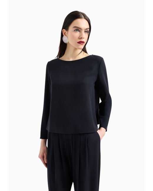 Emporio Armani Blue Technical Cady Blouse With Ruffle