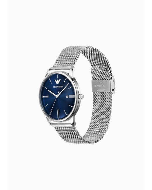 Emporio Armani Blue Three-hand Date Stainless Steel Mesh Watch for men