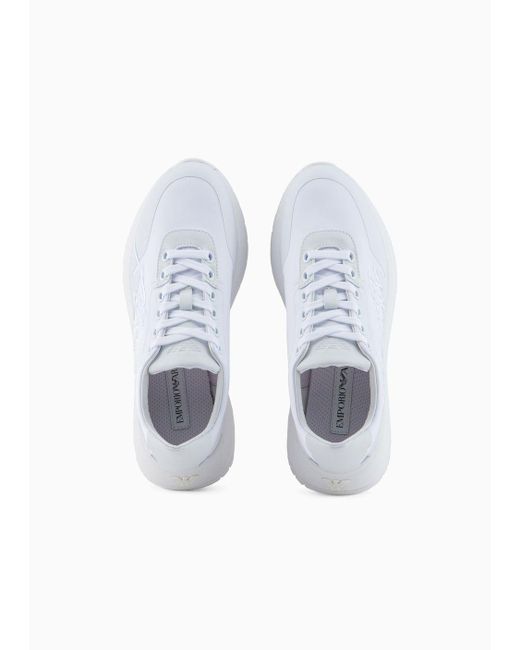 Emporio Armani White Nylon Sneakers With Travel Essentials Signature Logo Embroidery