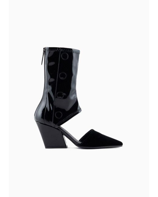 Emporio Armani Black Velvet And Patent Leather Cutout Ankle Boots