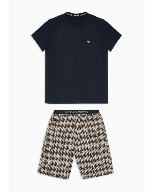 Emporio Armani Blue Comfort-fit Pyjamas With Mixed Pattern Bermuda Shorts for men